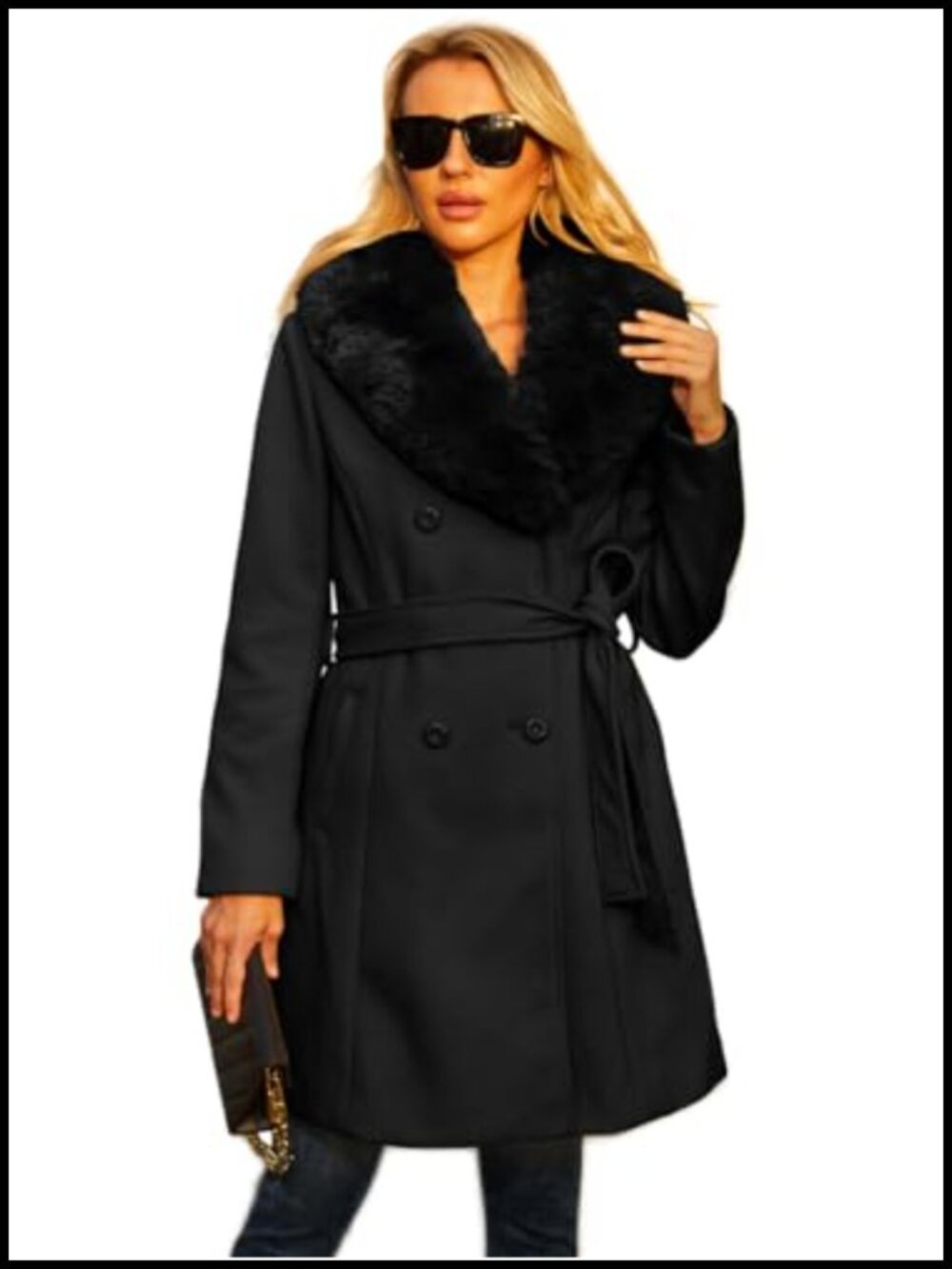 Faux Leather Long Pea Coat Winter Overcoat Double Breasted Wrap Coat